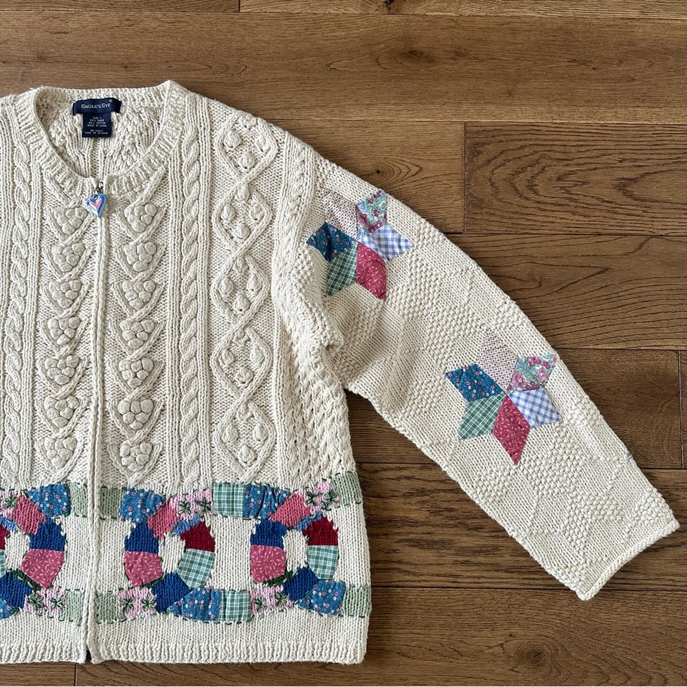 RARE Vintage Patchwork Knit Cardigan Sweater L - Picture 2 of 11
